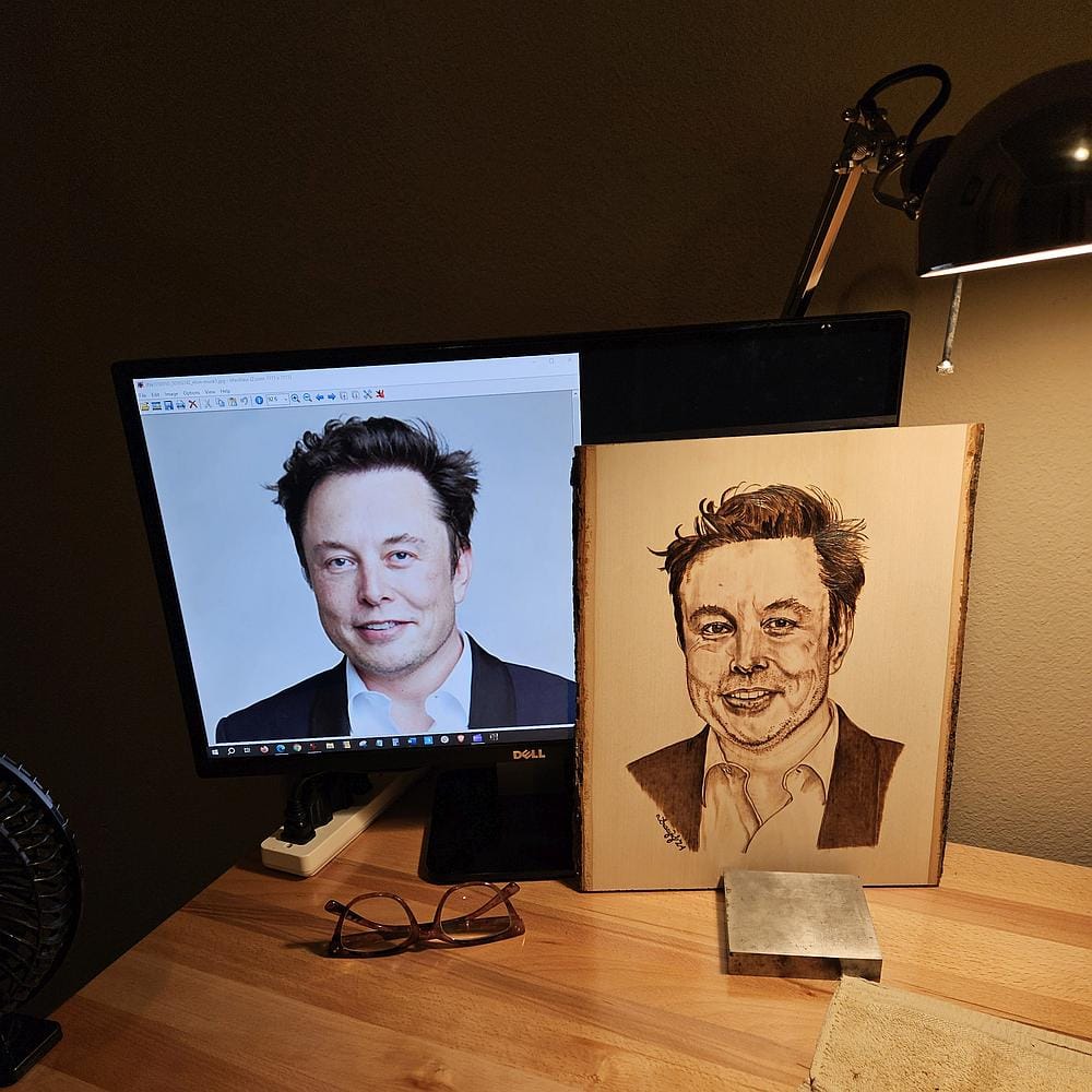 Professional pyrography artist Tracy Johnson's portrait of Elon Musk